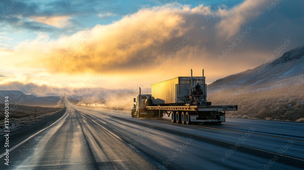 Fototapeta premium A truck driver securing cargo on a flatbed trailer early morning light on an open highway road lifestyle realism