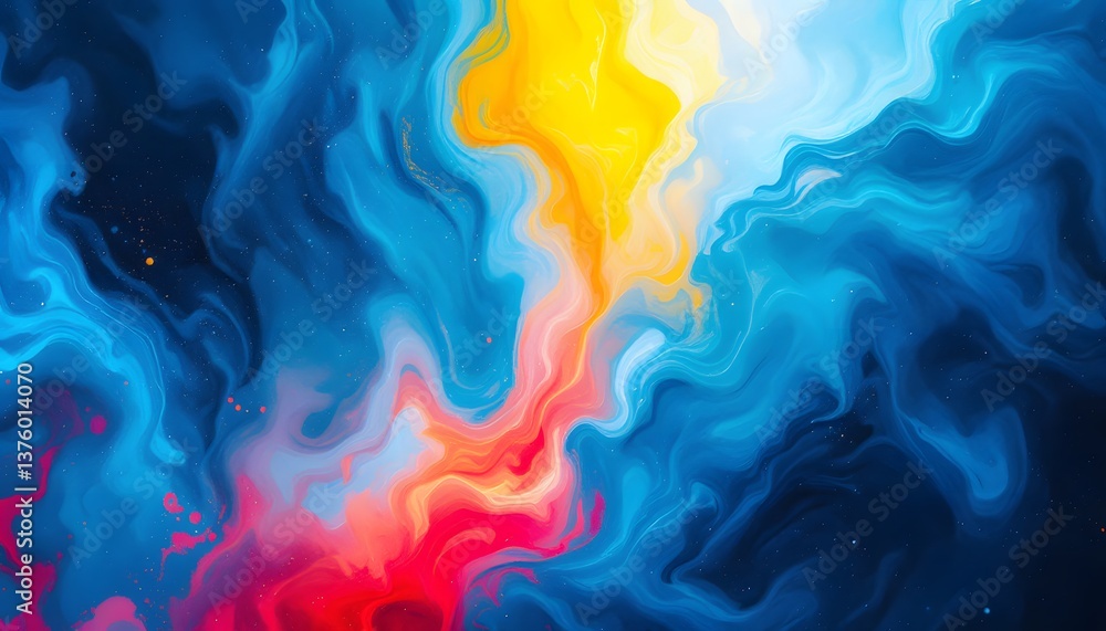 Obraz premium A Symphony of Hues Background: A vibrant artwork erupts with an explosion of colors, where rich blues, fiery reds, and radiant yellows blend and swirl.