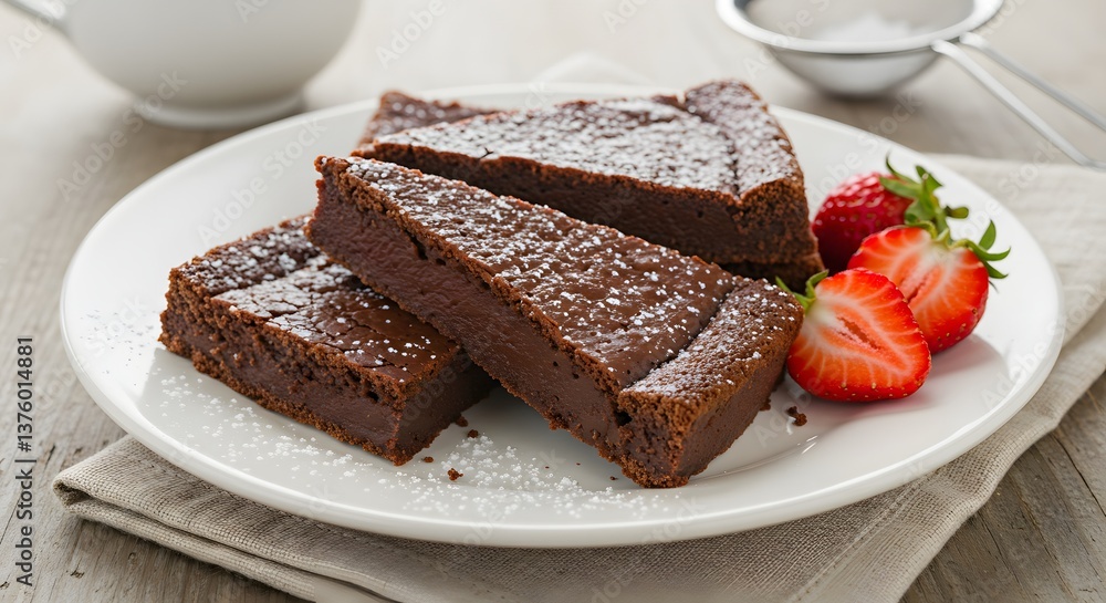 A plate of chilled chocolate custard slices served with a side of fresh strawberries and a dusting of powdered sugar. A plate of chilled chocolate custard slices served with a side of fresh strawberries and a dusting of powdered sugar.