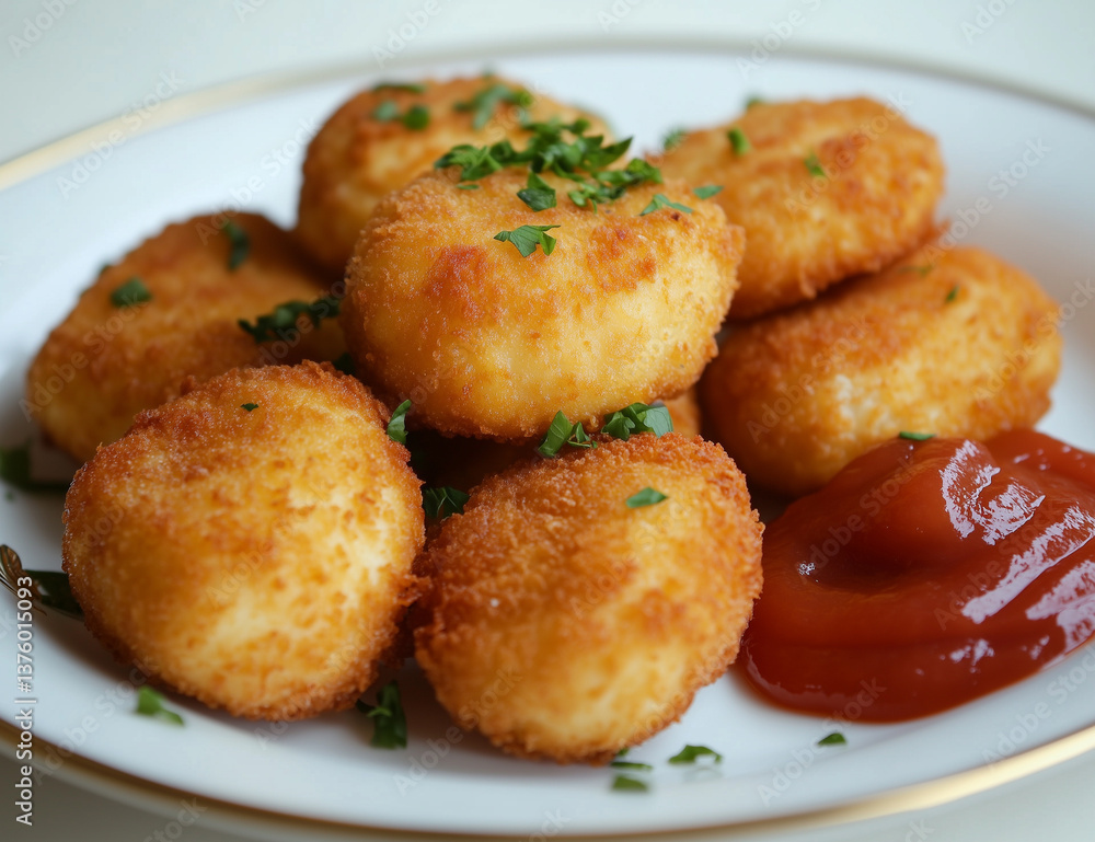 Golden Fried Cheese Balls Plate with Ketchup and Parsley Herb garnish Golden Fried Cheese Balls Plate with Ketchup and Parsley Herb garnish