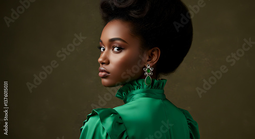 Portrait of a dark-skinned model with stunning features, showcasing her natural beauty and confident expression, captured in a stylish and elegant style