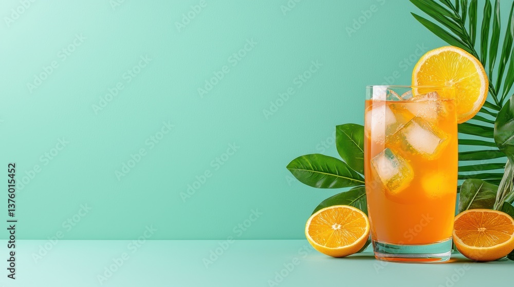 Fototapeta premium Refreshing iced orange juice drink in tall glass with ice cubes garnished with orange slices and tropical leaves on a teal background perfect for summer advertisements.