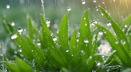 A cinematic UHD video of a lush green field during and after a light summer rain. Droplets cling to vibrant leaves and blades of grass, glistening under the overcast sky. 