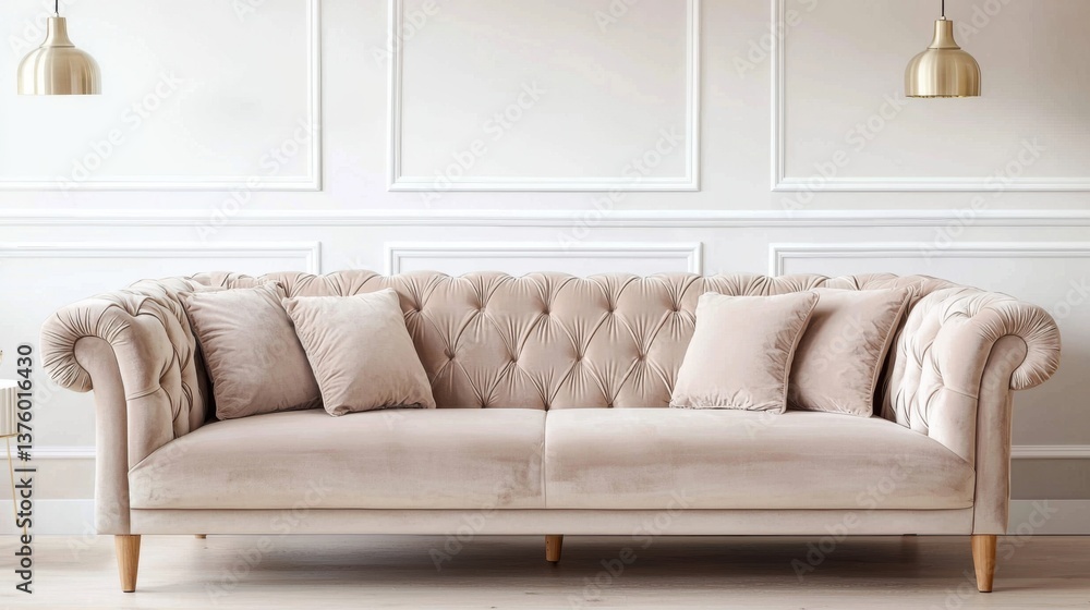 Modern interior, sand velvet sofa with plush cushions, soft ceiling spotlights, calm neutral tones, light oak floor, evening light Modern interior, sand velvet sofa with plush cushions, soft ceiling spotlights, calm neutral tones, light oak floor, evening light