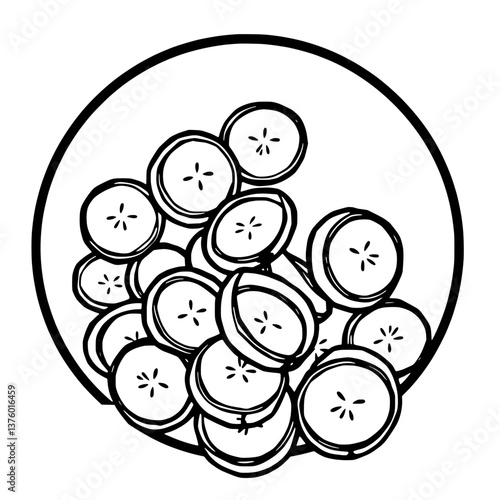 Sliced Bananas in a Bowl A Simple Line Drawing