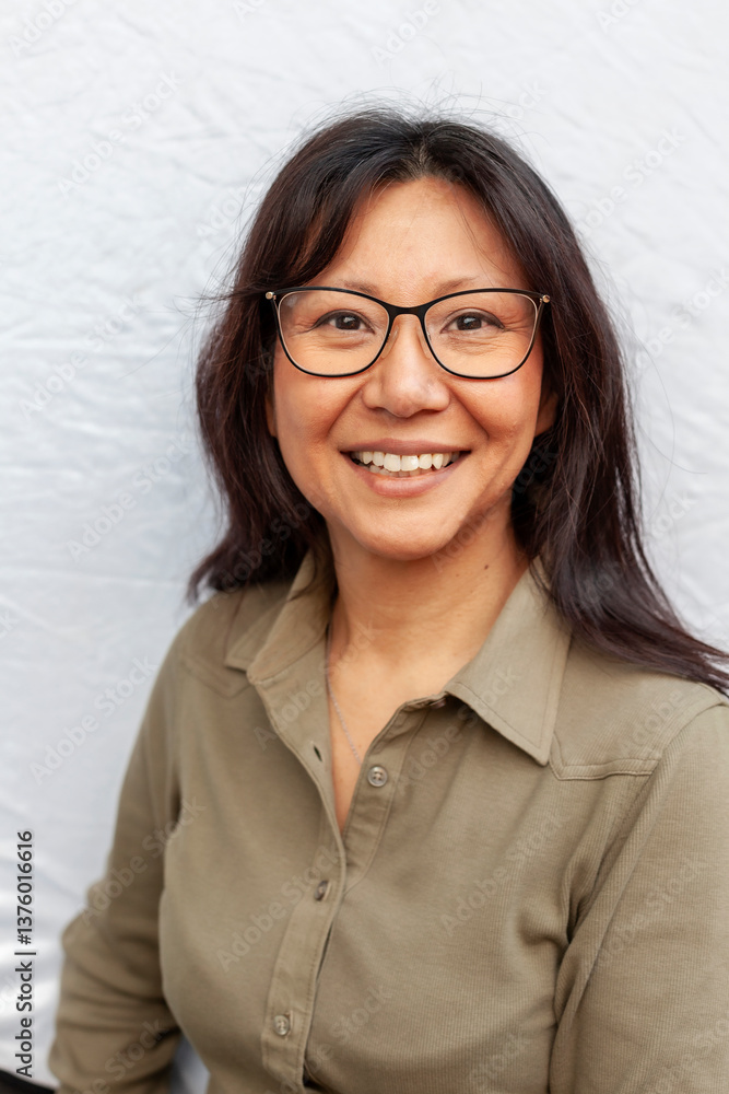 © Johnér - Portrait of smiling woman with eyeglasses against white background © Johnér - Portrait of smiling woman with eyeglasses against white background