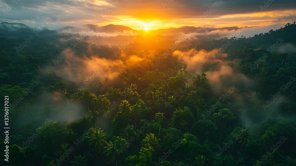 Misty rainforest valley with dense green trees and a soft orange sunrise Misty rainforest valley with dense green trees and a soft orange sunrise