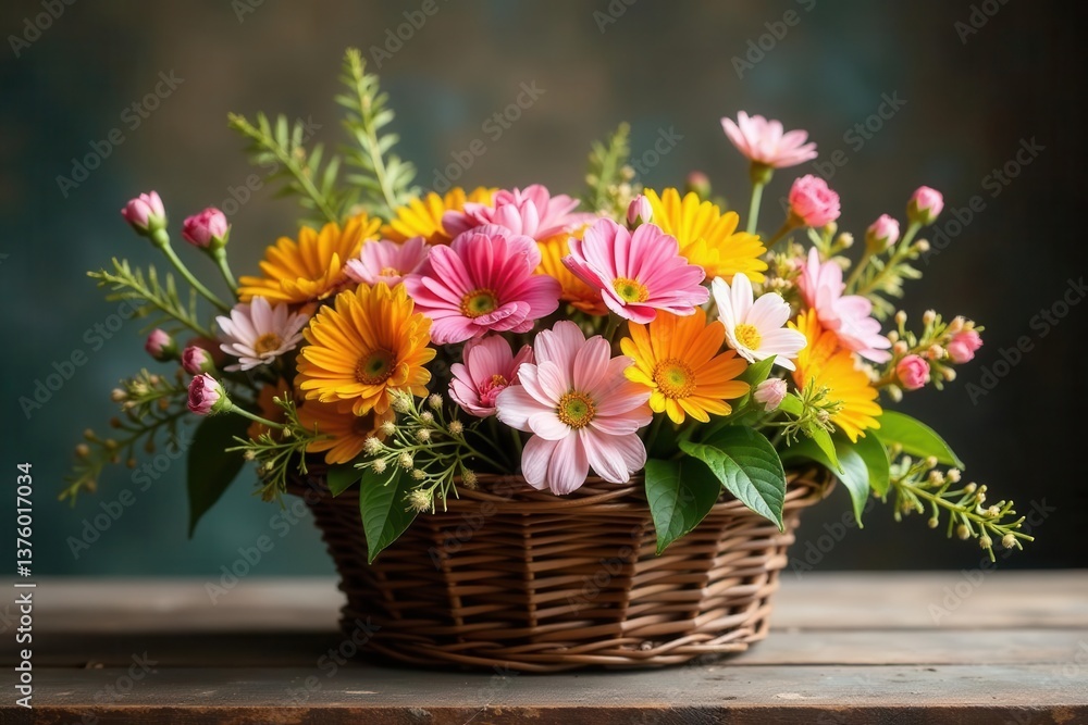 Rustic wicker basket overflowing with vibrant wildflowers , arrangement, bright, garden Rustic wicker basket overflowing with vibrant wildflowers , arrangement, bright, garden