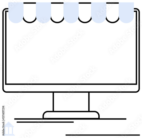 Desktop monitor with a striped shop awning design conveys online shopping. Ideal for e-commerce, digital storefronts, retail business, internet trade, web design, marketing, online platforms. Flat