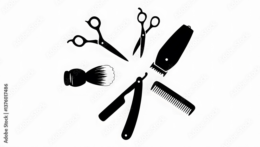 Naklejka premium Essential Barber Tools Icon Set: Scissors, Razor, Comb, Shaving Brush, and Hair Clipper
