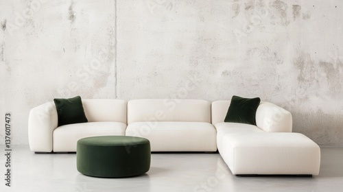 Scandinavian minimal room, cream corner sofa, green pouf, concrete wall, warm indirect lighting, no artwork