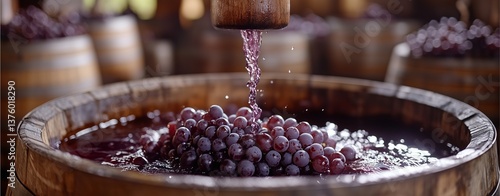 Traditional winepress in action - Vintage wooden winepress squeezing fresh grapes, deep rich colors of grape juice flowing into a barrel 