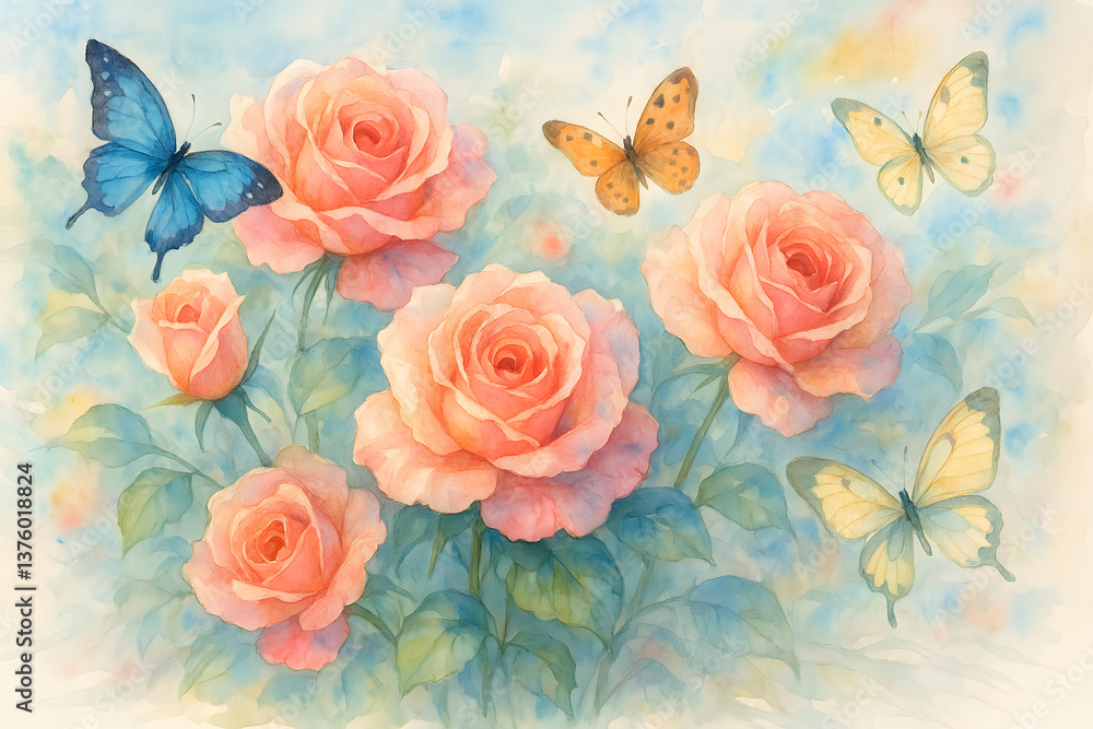 Fototapeta premium Blooming pink roses with butterflies in a soft pastel background 