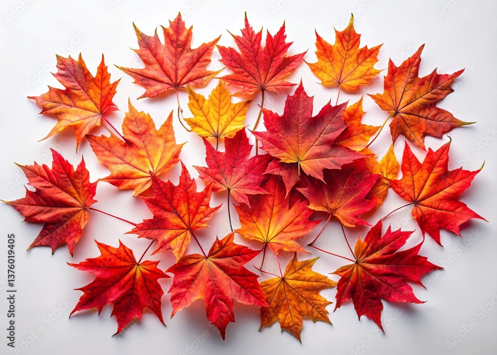 Aerial View: Vibrant Red Maple Leaves on Pure White Background - Stunning Autumn Drone Photography Aerial View: Vibrant Red Maple Leaves on Pure White Background - Stunning Autumn Drone Photography