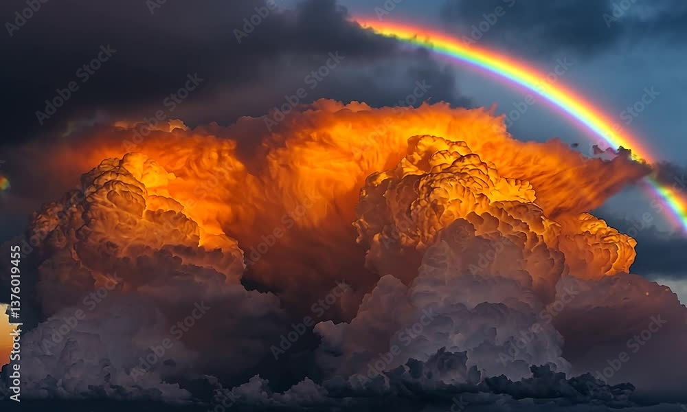 Majestic thunderstorm clouds illuminated by sunset with a vibrant rainbow arching above the horizon Majestic thunderstorm clouds illuminated by sunset with a vibrant rainbow arching above the horizon