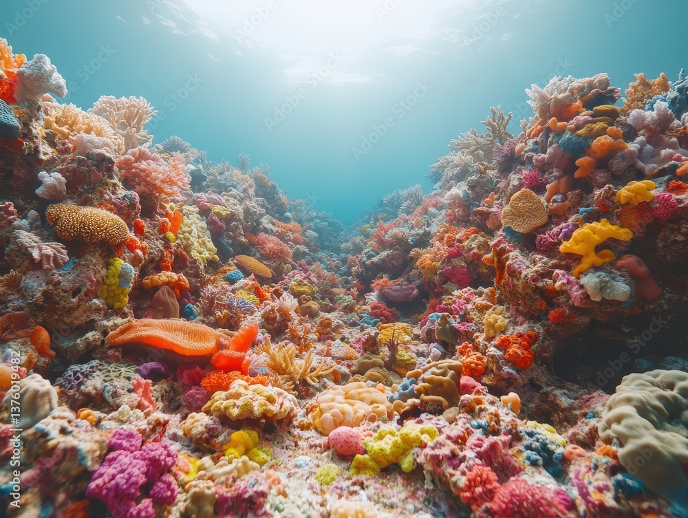 Fototapeta premium marine animals swimming below a surface littered with colorful synthetic waste focus on immersion vibrant manipulation coral expanse