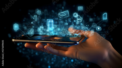 A hand effortlessly holding a smartphone, unleashing a vibrant galaxy of digital icons, symbolizing limitless connectivity and technological possibilities in a dark, cinematic setting.