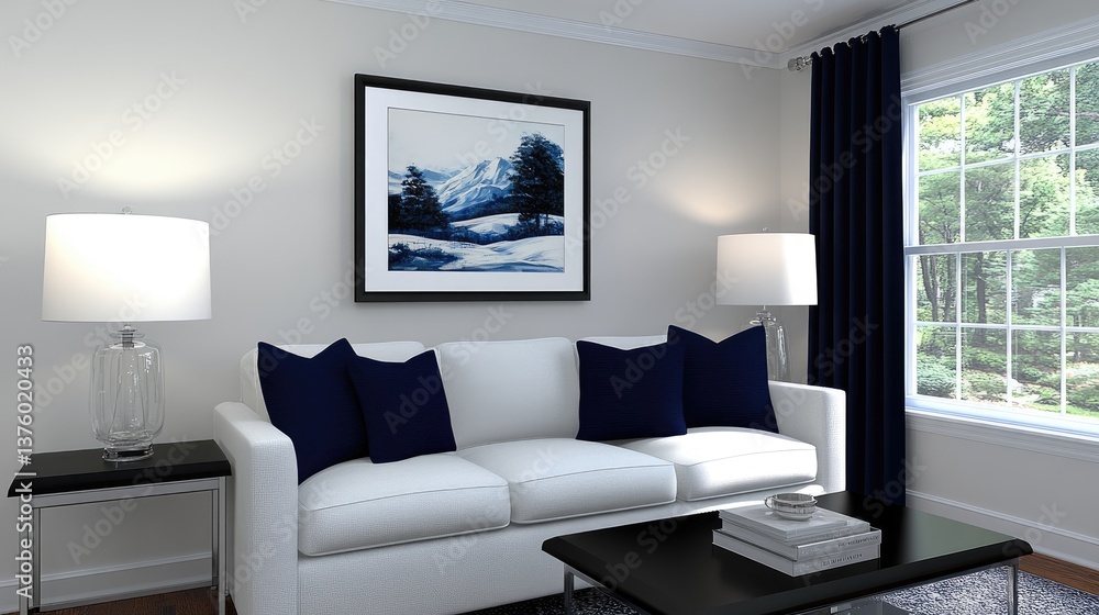 Fototapeta premium A small black-framed landscape painting adds elegance to a living room with a white sofa and navy pillows, bathed in natural light