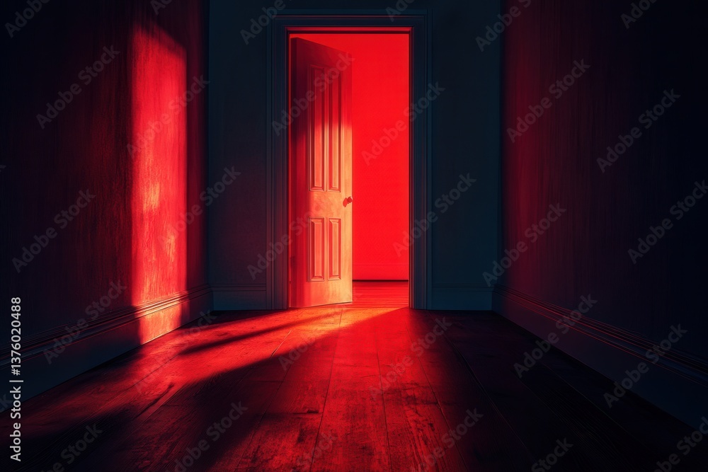 Fototapeta premium Dimly lit hallway with a red-lit open door casting dramatic shadows on wooden floor.