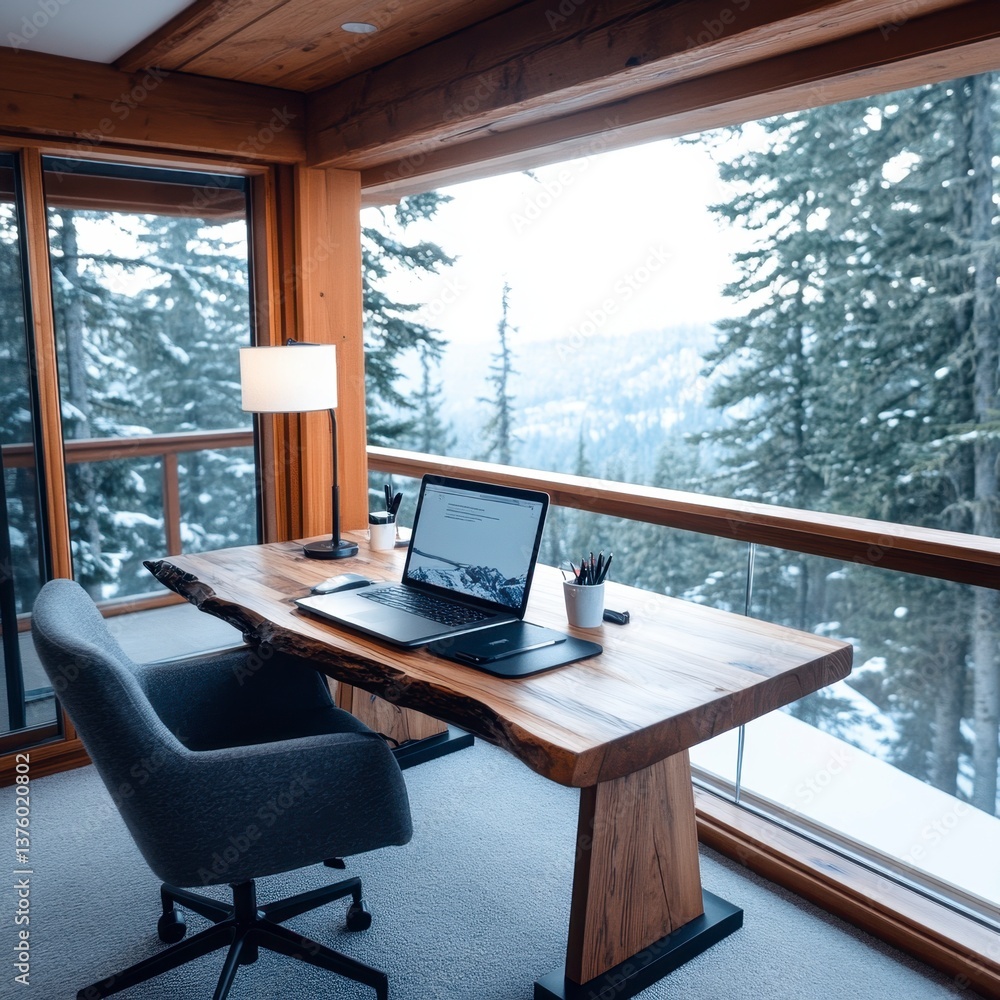 Naklejka premium A modern home office with a rustic wooden desk, laptop, and gray chair overlooks a snowy mountain landscape through expansive windows. Natural light illuminates the workspace.