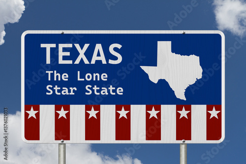 Texas map with stars on a US red, white and blue road sign