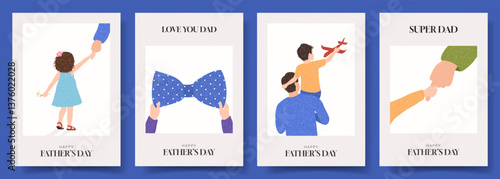 Happy Fathers Day cards. Vector illustrations with fathers, son and daughter and typography design. Father's Day posters for holiday events, cover, banner, social media.