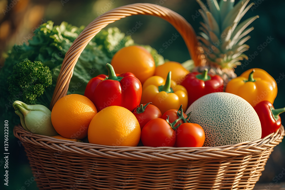 A basket full of fruits and vegetables including oranges, tomatoes A basket full of fruits and vegetables including oranges, tomatoes