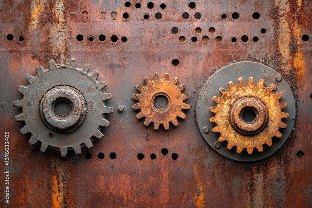 Three rusted gears on a weathered metal surface, showcasing industrial decay and texture. Three rusted gears on a weathered metal surface, showcasing industrial decay and texture.