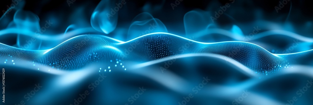 Abstract Digital Wave, Blue Energy Flow With Glowing Particles. Cyber Technology Background. Abstract Digital Wave, Blue Energy Flow With Glowing Particles. Cyber Technology Background.
