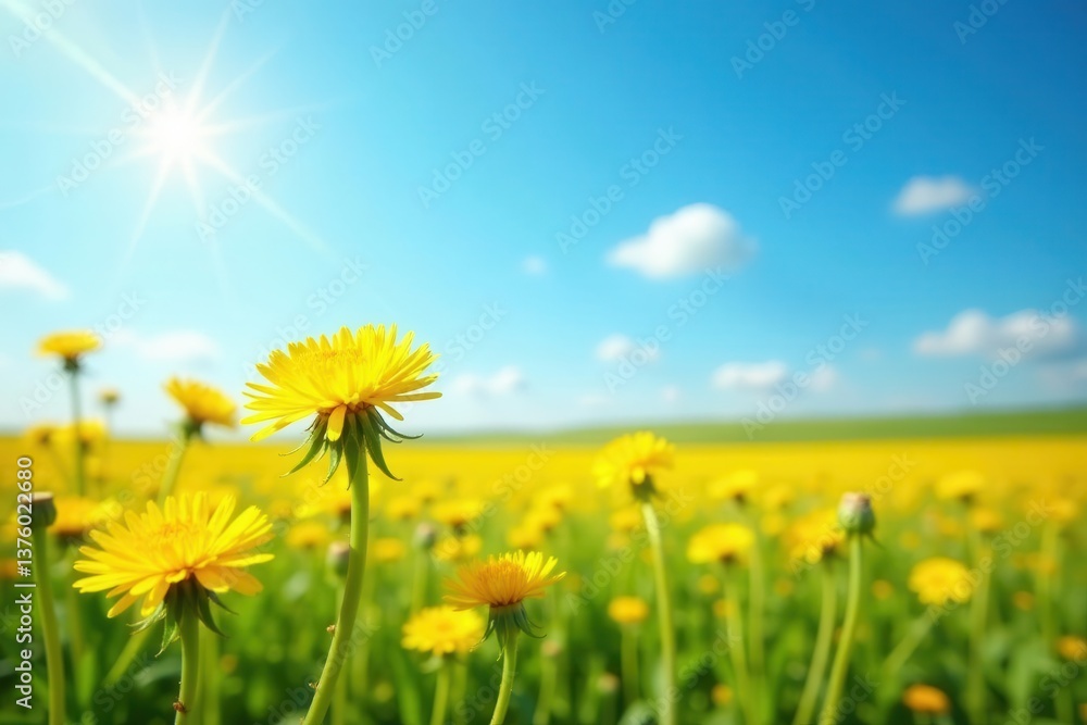 Sunny field of vibrant yellow dandelions under a clear blue sky , nature, environment, green Sunny field of vibrant yellow dandelions under a clear blue sky , nature, environment, green