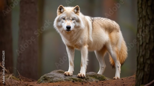 Majestic white wolf with piercing blue eyes standing tall in Scandinavian forest under daylight