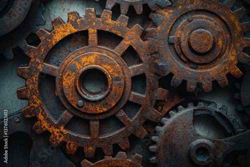 A collection of rusty, weathered gears interlocked in a complex mechanism, showing age and industrial decay.