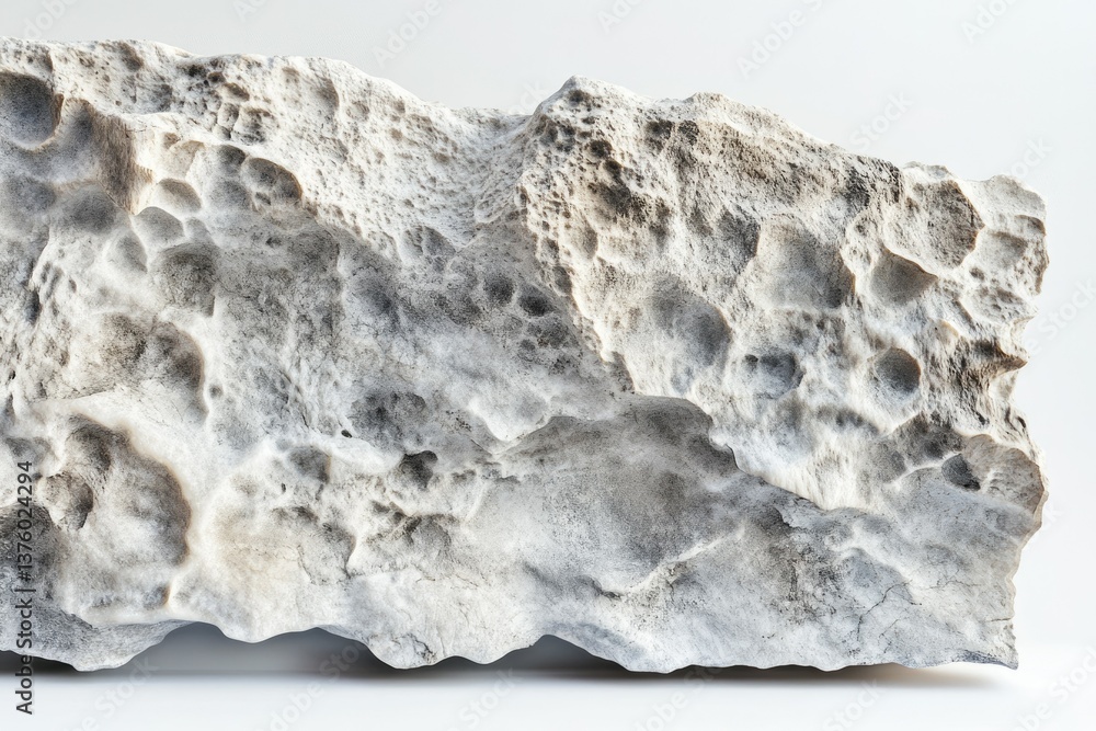 Fototapeta premium Close-up of a weathered, porous, gray and white rock formation, resembling lunar surface, against a plain background.