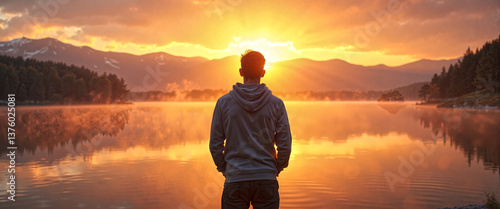 Serene Sunrise Man Contemplating at Peaceful Lake with Mountain View
