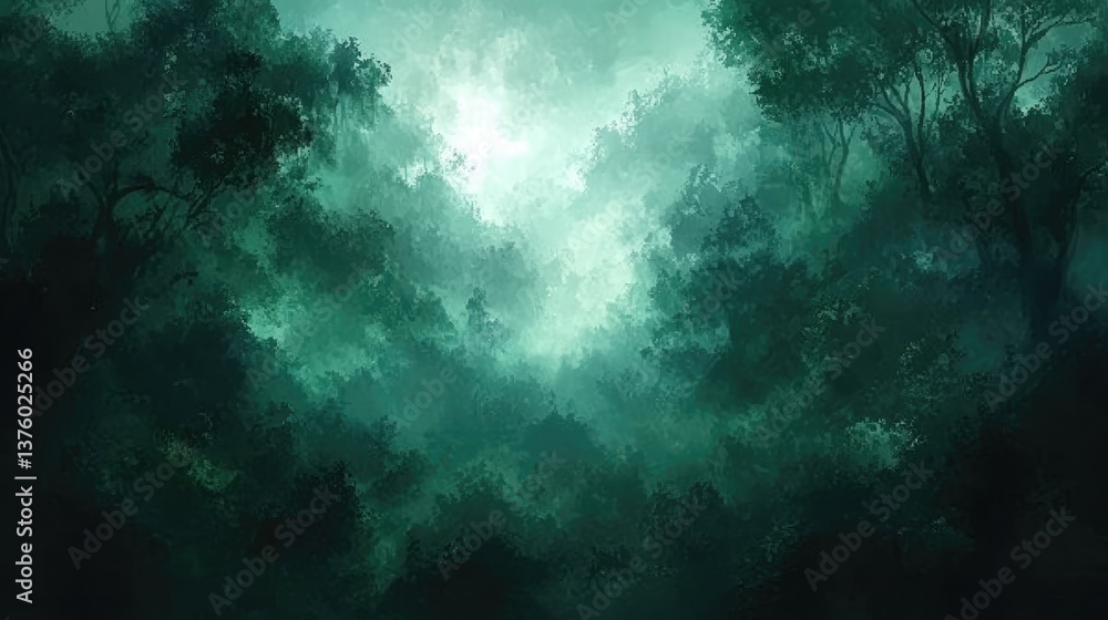Fototapeta premium Dark moody forest illustration with varying shades of green and heavy fog, creating an atmospheric background