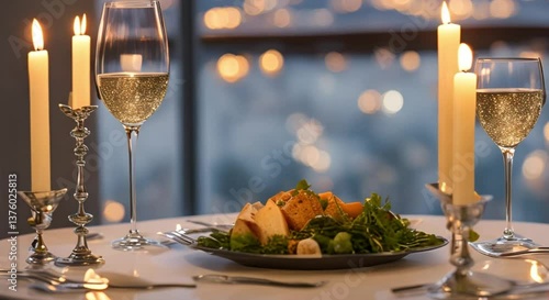 A beautifully set dinner table with two wine glasses, a gourmet meal, and a flickering candle as the centerpiece. The UHD camera captures soft-focus bokeh from city lights in the background.