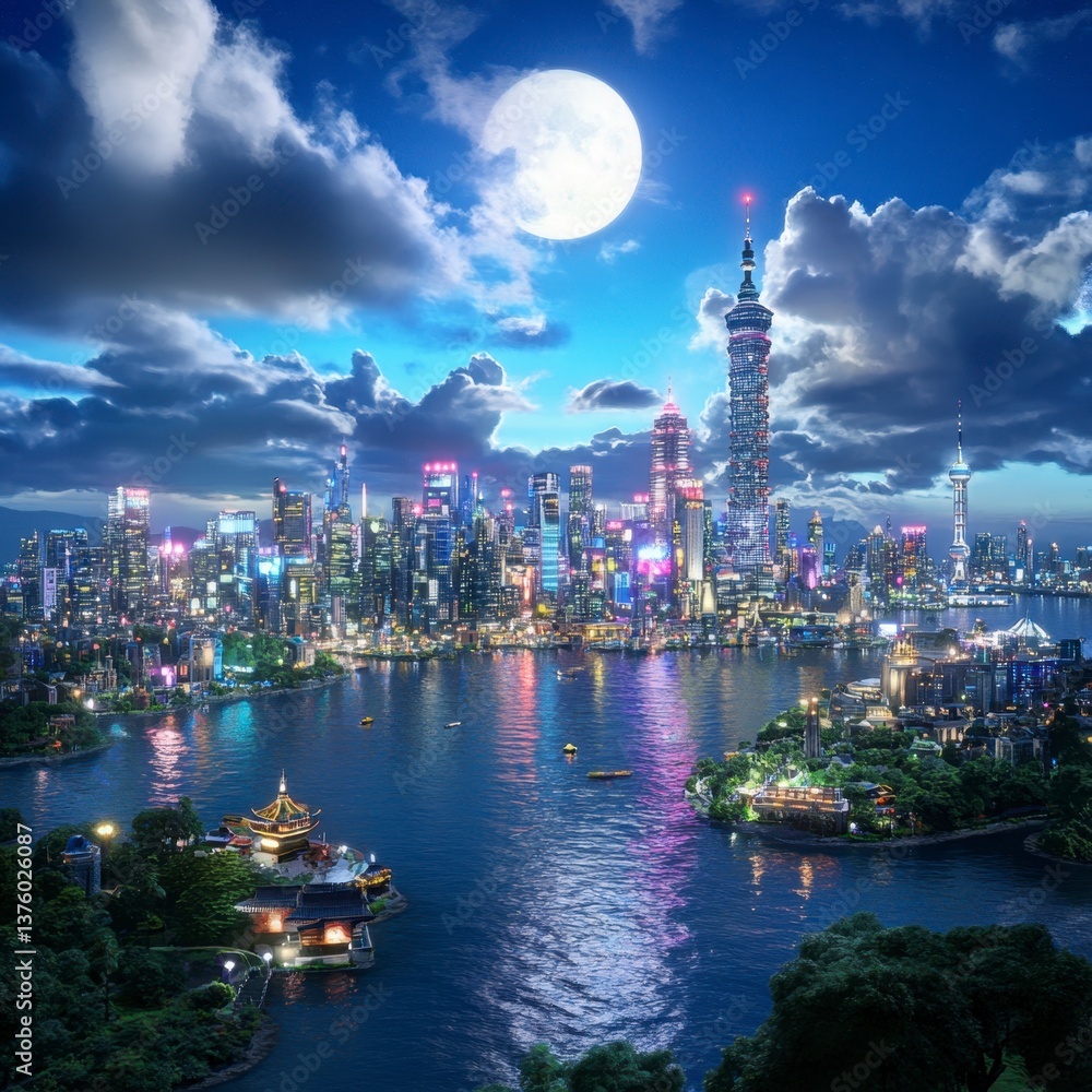 Fototapeta premium Night cityscape with skyscrapers, illuminated buildings, a full moon, and calm water reflecting city lights. Dark clouds add drama to the scene.