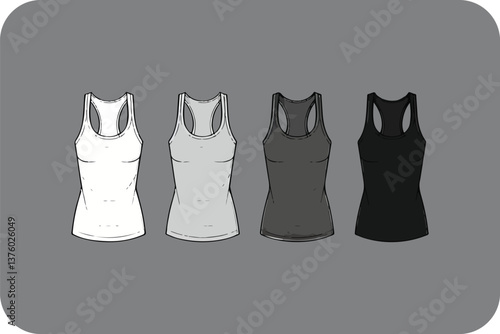 Four Racerback Tank Tops Mockup: White, Light Gray, Dark Gray, Black, Front View, Isolated on Gray Background for Apparel Presentation.