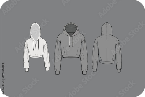 Three Cropped Hoodies in Front, Angled, and Back Views, Fashion Design Mockup, Isolated on Gray Background for Apparel Presentation.