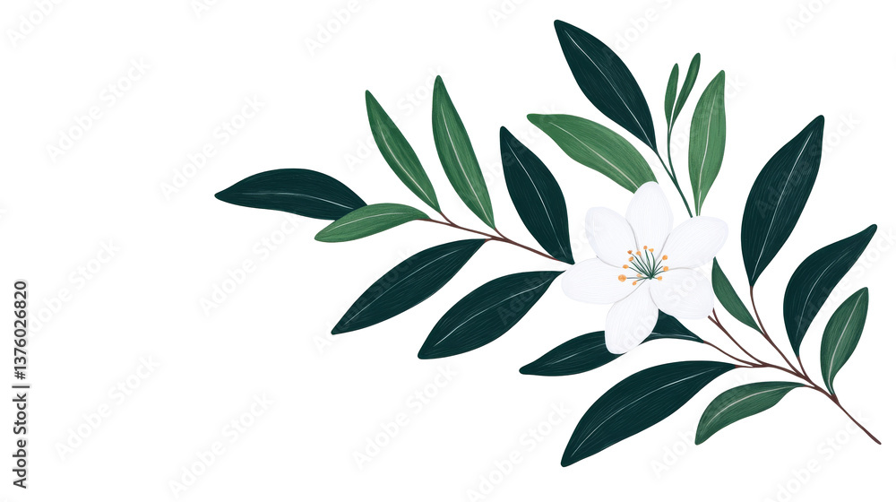 White flower surrounded by green leaves, botanical art, cut out transparent White flower surrounded by green leaves, botanical art, cut out transparent