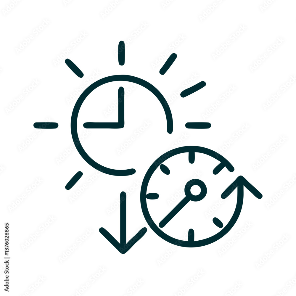 Time management concept with clocks and sun symbols  