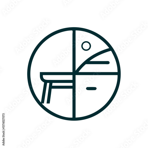 Day and night icon with bed and desk for remote work routines, lifestyle balance content, work-from-home visuals, and time-use infographics