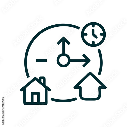 Time and home transition icon for remote work visuals, flexible scheduling apps, home-office blog content, and lifestyle balance infographics