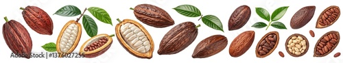 Variety of cacao pods with green leaves and exposed cocoa beans in different stages of ripeness and cross-sections cut out isolated Transparent PNG Elements