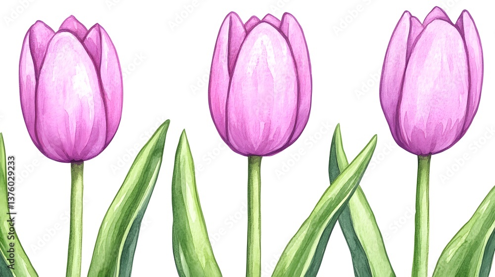 Fototapeta premium Watercolor Pink Tulips Floral Spring Border Illustration