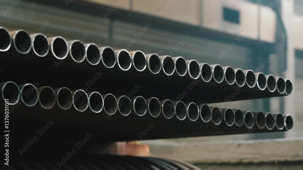 Modern industrial plant for the production of steel pipes. Warehouse with iron round pipes. Modern industrial plant for the production of steel pipes. Warehouse with iron round pipes.