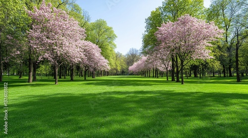Apple trees burst into bloom with delicate pink flowers, while sunlight filters through the leaves in a peaceful spring setting