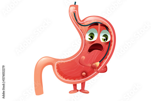 Polyps in stomach, scared cute stomach character. Concept of endoscopy, diagnosis and prevention of gastric cancer. Vector illustration