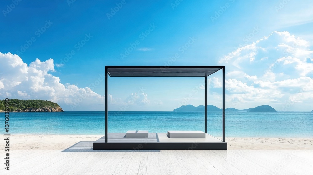 Fototapeta premium A stylish summer display stand with a sleek design, placed on a beach with distant islands and blue waters.