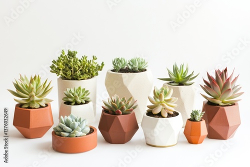 Wallpaper Mural Assorted succulents are arranged in geometric planters of varying colors and shapes against a bright, white background, creating a modern aesthetic. Torontodigital.ca